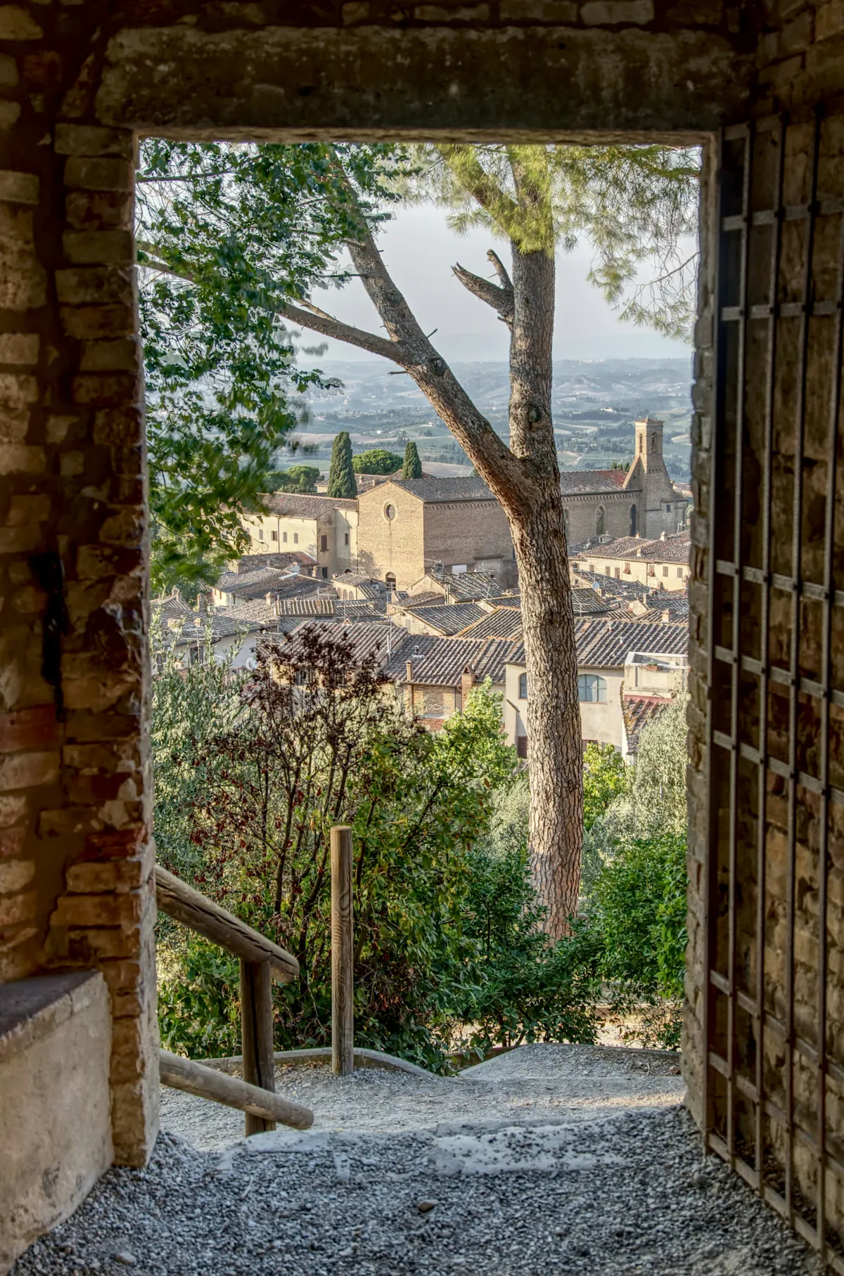 Blick durch ein altes Steintor auf eine toskanische Altstadt mit Pinie und Hügeln